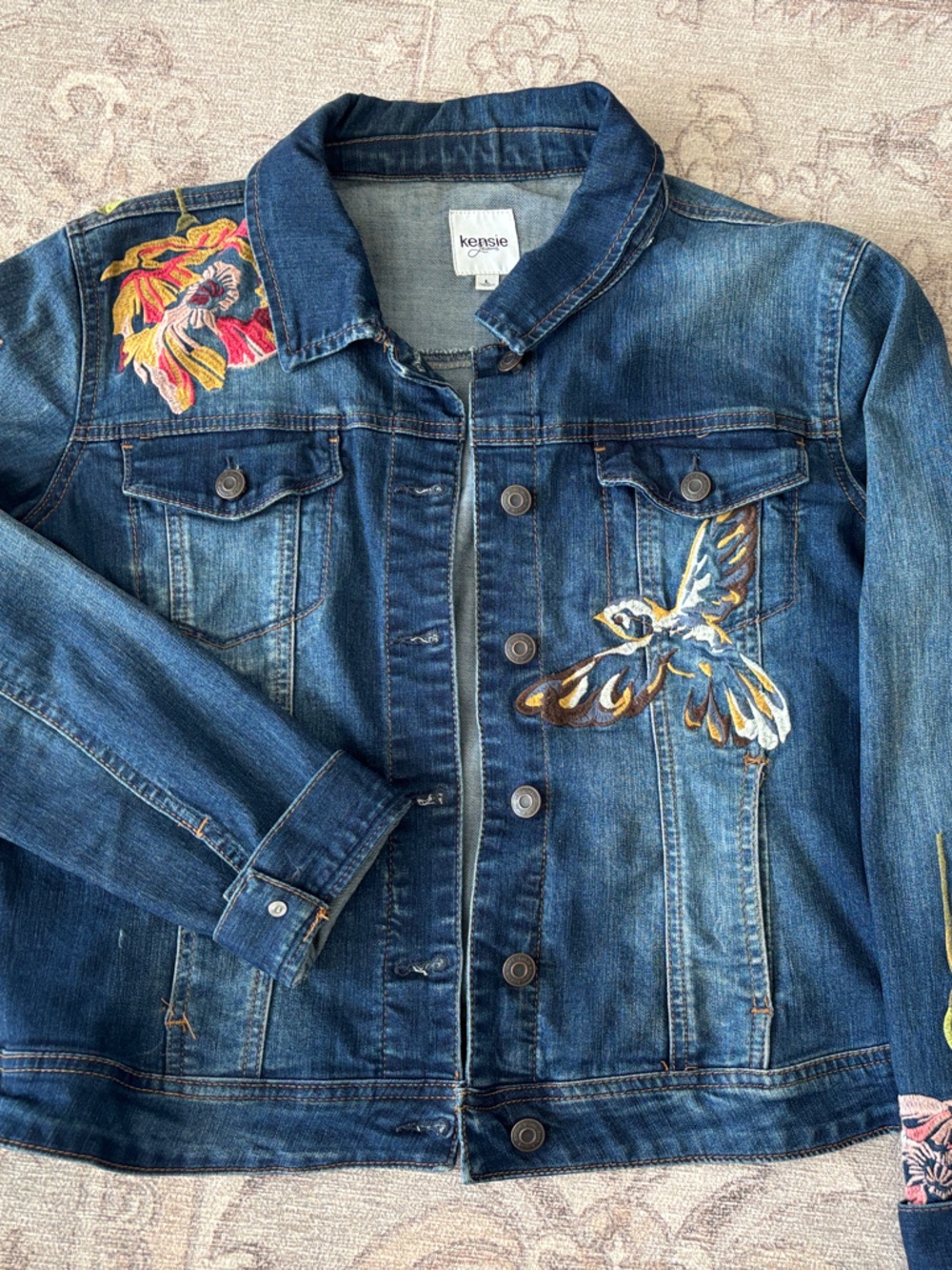 Kenzie Blue Denim Jean Jacket with Embroidered Hummingbird Bird & Floral Accents